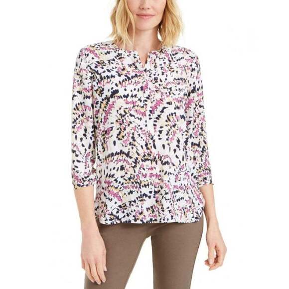 JM Collection Printed Pleat-Back Top Pink Dahlia combo XL - Picture 1 of 3